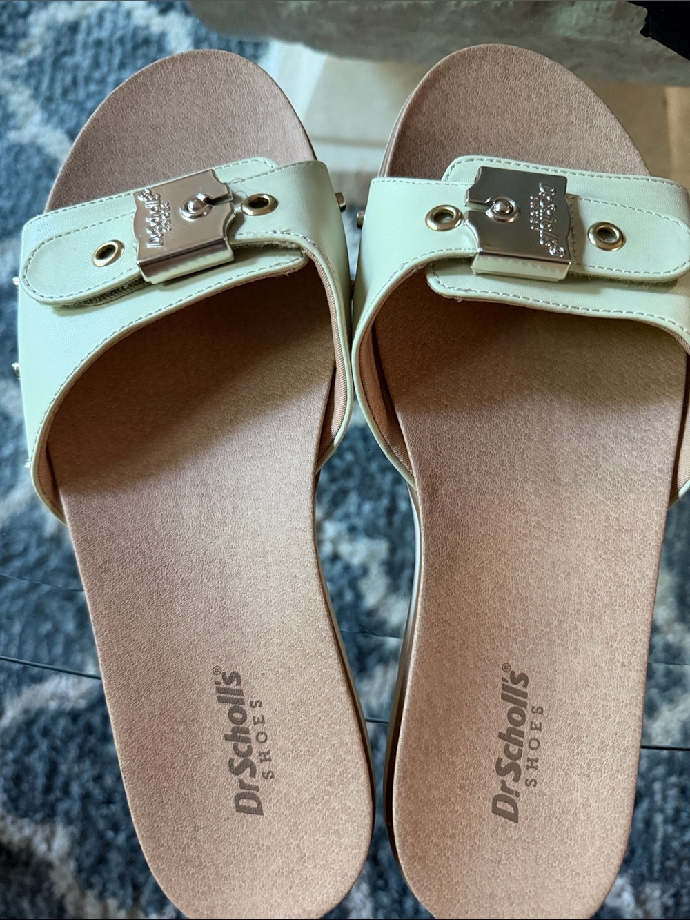 Dr. Scholl's Women's Cream Slide Sandals with Metallic Buckle